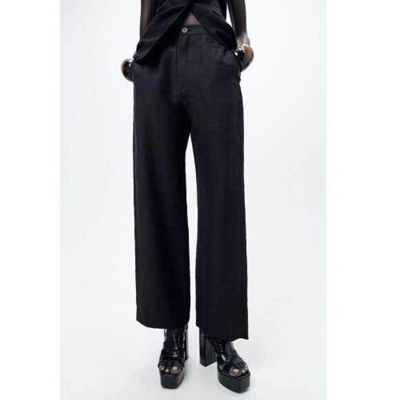 Zara Women's Linen Blend Black Wide Leg Pants ZW Collection Spring Summer Sz XL - Picture 1 of 10